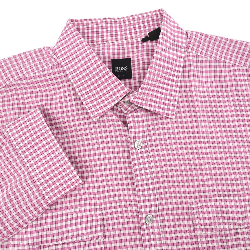 BOSS Hugo Boss Gingham Slim Fit Button Up Pink Long Sleeve Mens XL Shirt
